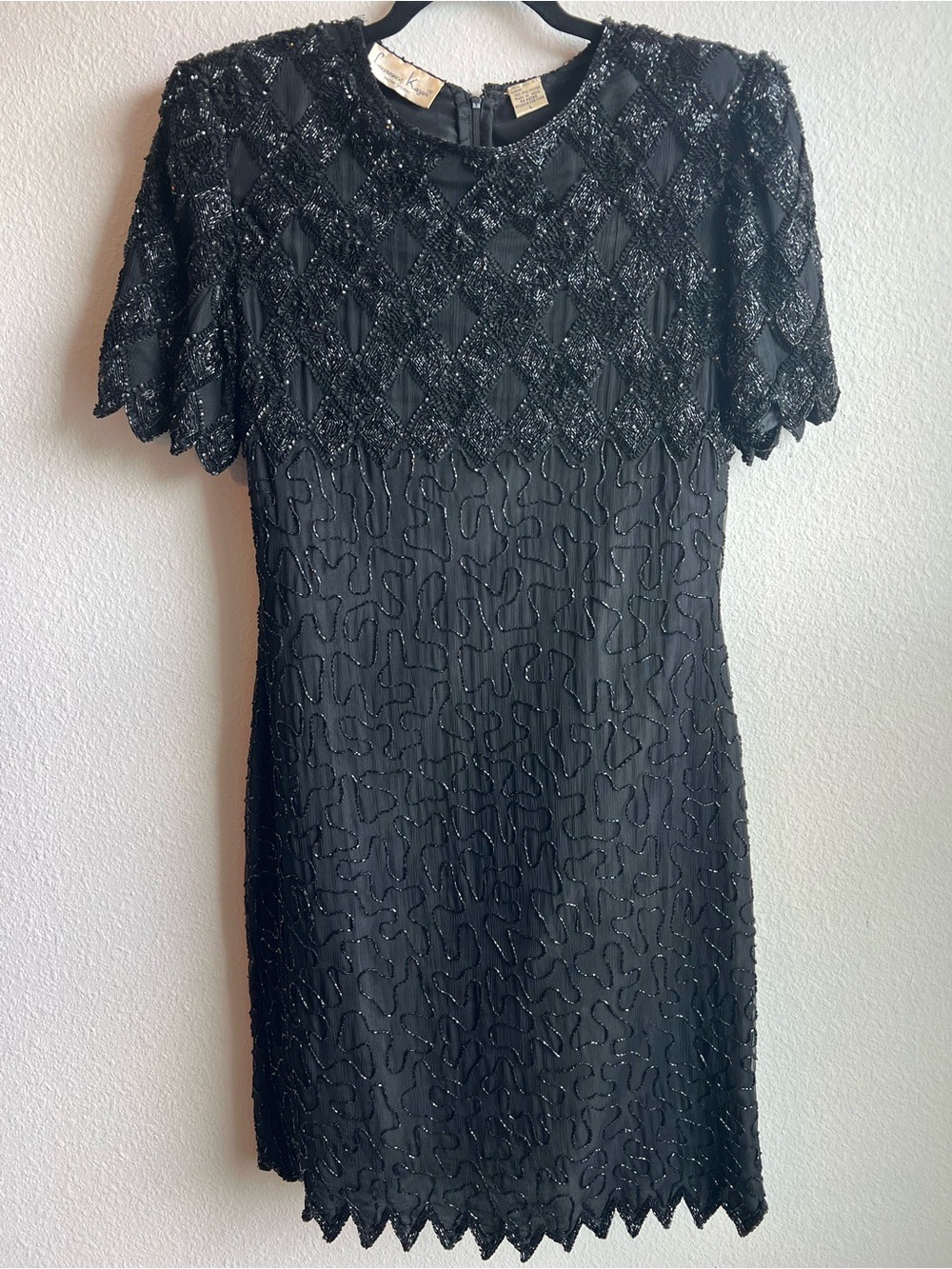 Vintage Laurence Kazar Black Beaded Mini Dress Large 80s Sequined Party Cocktail